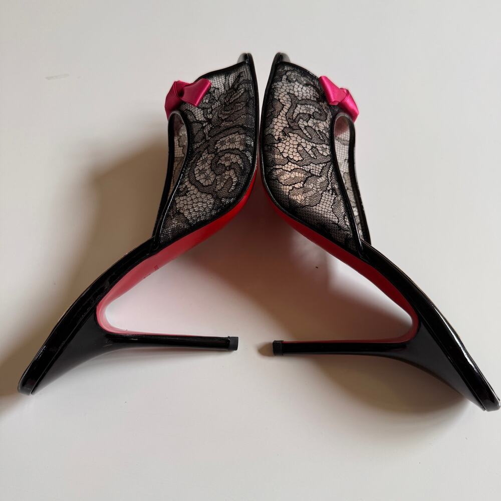 Christian Louboutin Black Lace Pink Accent Bow Peep Toe Mule Slide Size 39 US 9 - Picture 11 of 16